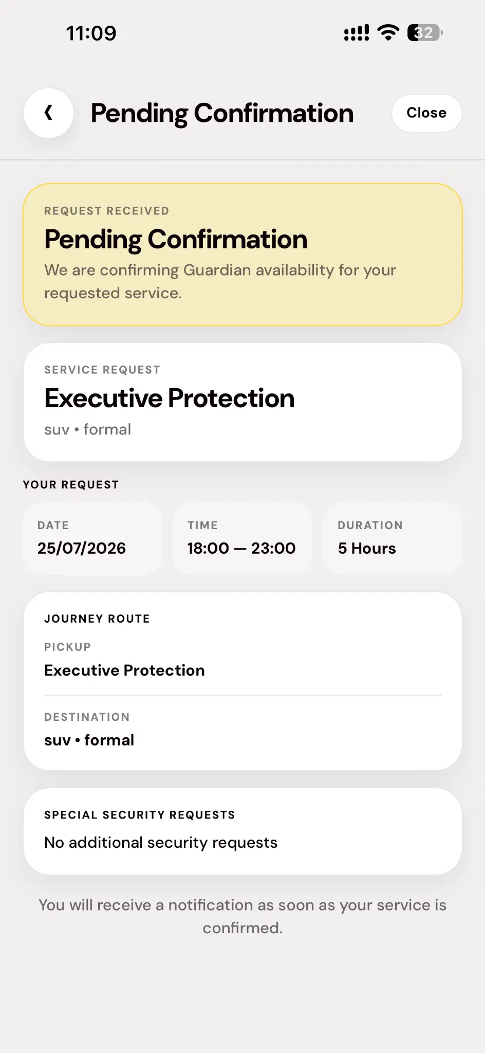 GuardianGo pending confirmation screen