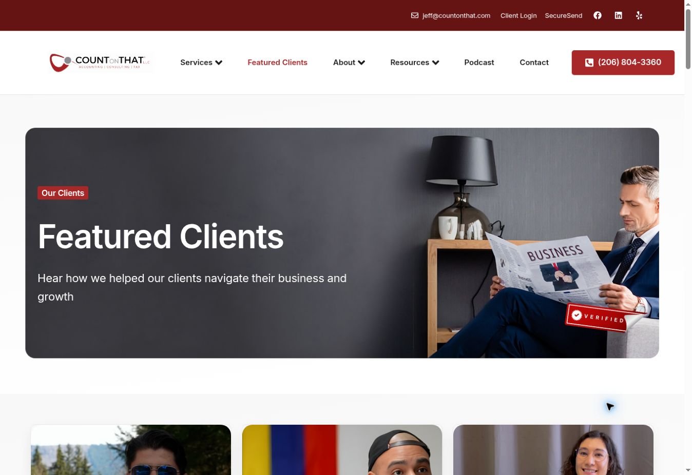 Count On That® Featured Clients page with client story video cards