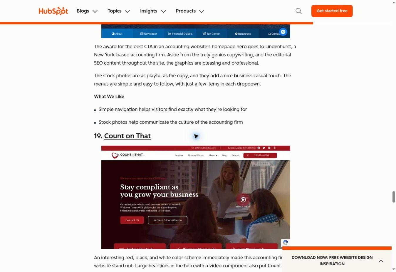 HubSpot article listing Count On That® at number 19 among 20 accountant website examples