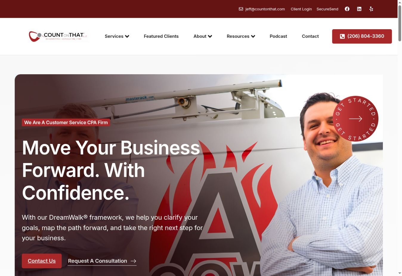 Count On That® homepage with bold headline, consultation actions and client-focused photography
